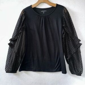 Loft Black Long Sleeve with Clip Dot Ruffle Top Size Large Petite